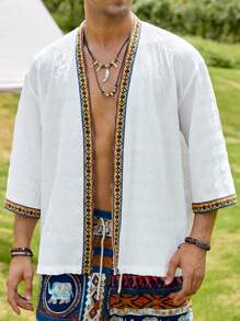 GENTILAND Men Contrast Tape Open Front Kimono - White - View 1
