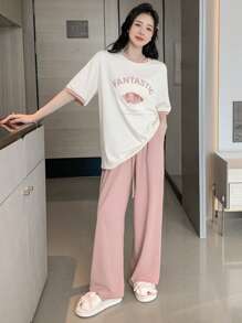 DAZY Letter Graphic Contrast Trim Drop Shoulder Lounge Set Pajama - Pink - View 3