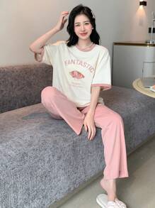 DAZY Letter Graphic Contrast Trim Drop Shoulder Lounge Set Pajama - Pink - View 4