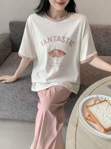 DAZY Letter Graphic Contrast Trim Drop Shoulder Lounge Set Pajama - Pink - View 5