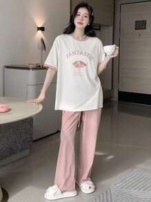 DAZY Letter Graphic Contrast Trim Drop Shoulder Lounge Set Pajama - Pink - View 9