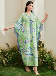 Al Najma Allover Print Fringe Trim Kaftan