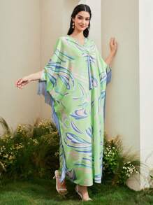 Al Najma Allover Print Fringe Trim Kaftan