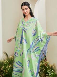 Al Najma Allover Print Fringe Trim Kaftan
