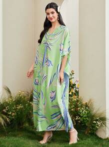 Al Najma Allover Print Fringe Trim Kaftan