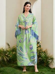 Al Najma Allover Print Fringe Trim Kaftan