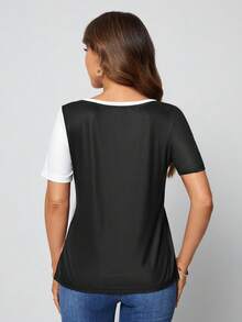 SHEIN LUNE Áo thun nữ Cắt ra Hoa Giải trí - Đen và trắng - Xem 3