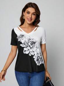 SHEIN LUNE Áo thun nữ Cắt ra Hoa Giải trí - Đen và trắng - Xem 1
