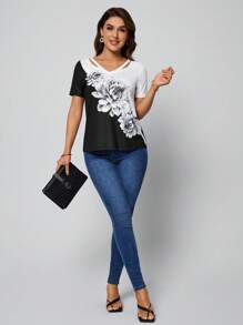 SHEIN LUNE Áo thun nữ Cắt ra Hoa Giải trí - Đen và trắng - Xem 5