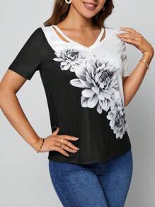 SHEIN LUNE Áo thun nữ Cắt ra Hoa Giải trí - Đen và trắng - Xem 6