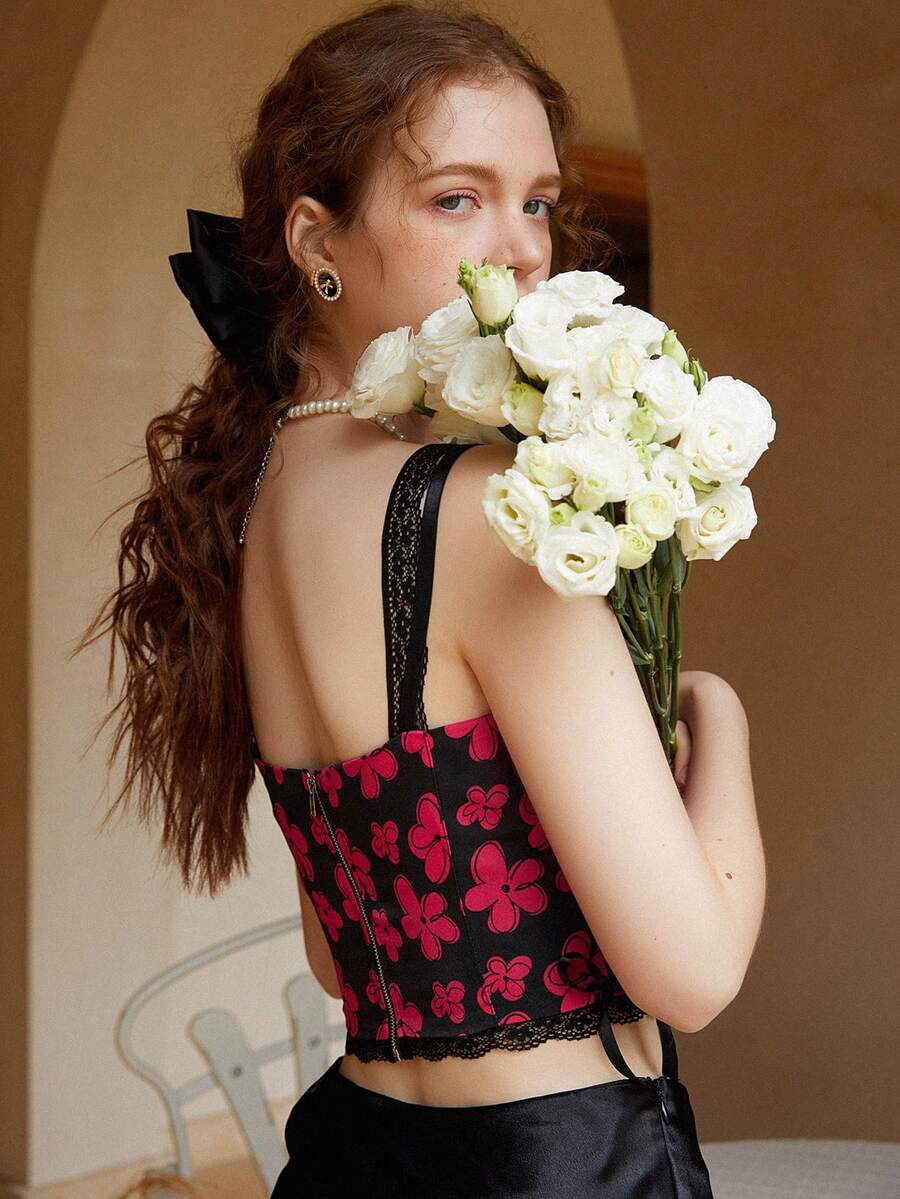 SHEIN Floral Print Lace Trim Cami Top - Multicolor - View 1