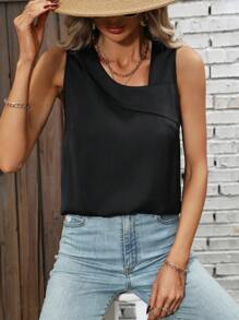 SHEIN LUNE Solid Asymmetrical Neck Sleeveless Blouse - Black - View 1