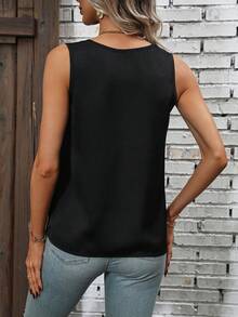 SHEIN LUNE Solid Asymmetrical Neck Sleeveless Blouse - Black - View 2