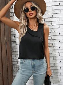 SHEIN LUNE Solid Asymmetrical Neck Sleeveless Blouse - Black - View 4