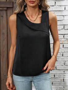 SHEIN LUNE Solid Asymmetrical Neck Sleeveless Blouse - Black - View 5