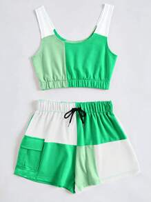 SHEIN EZwear Bộ đồ hai mảnh nữ Dây kéo Túi Khối Màu Giải trí - màu xanh lá - Xem 3