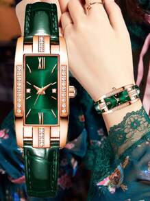 1pc Quartz Small Watch With Square Roman Numerals Dial Vintage Dress Watch Rhinestone Wristwatch Holiday