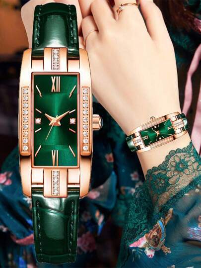 1pc Quartz Small Watch With Square Roman Numerals Dial Vintage Dress Watch Rhinestone Wristwatch Holiday