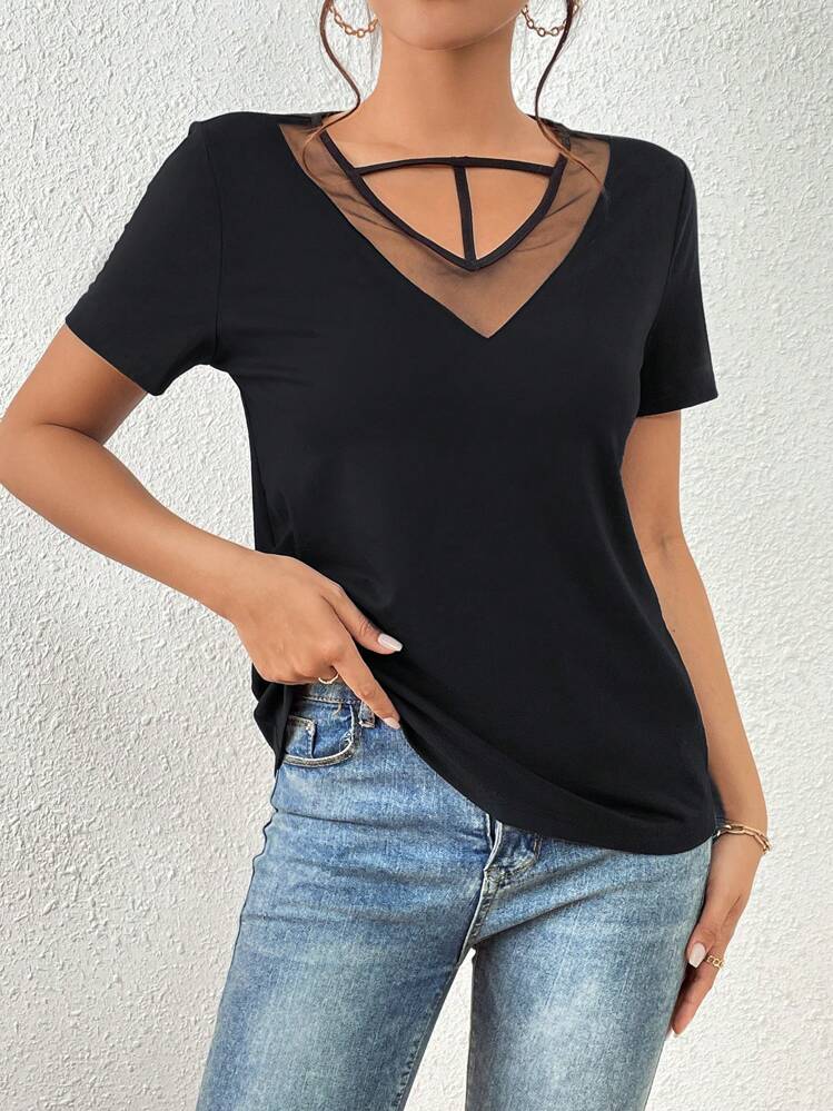 SHEIN Privé Contrast Mesh Cut Out Front Tee - Black - View 5