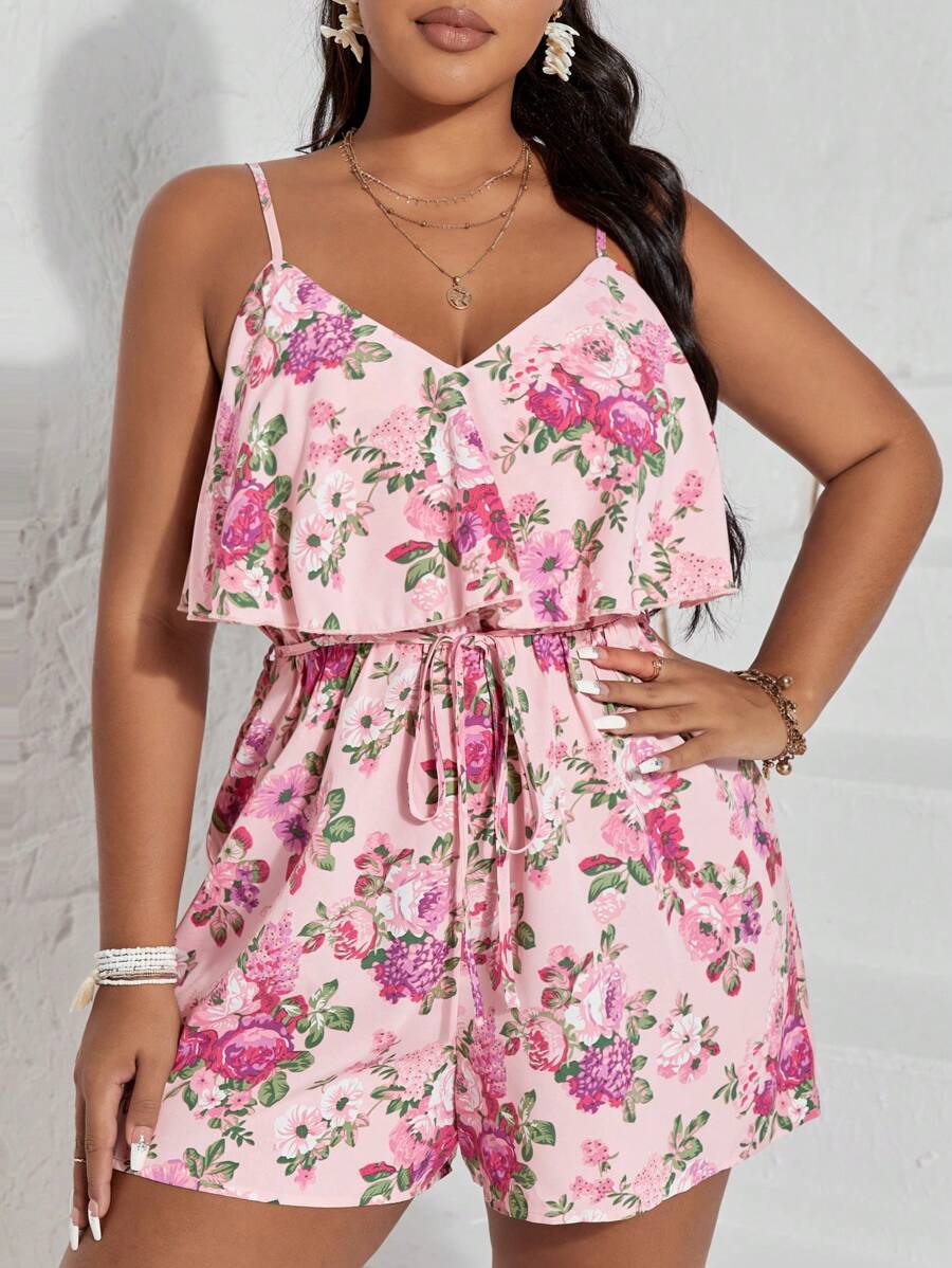 SHEIN VCAY Plus Floral Print Ruffle Trim Belted Cami Romper - Multicolor - View 1