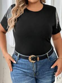 SHEIN Essnce Plus Fringe Trim Solid Tee - Black - View 1