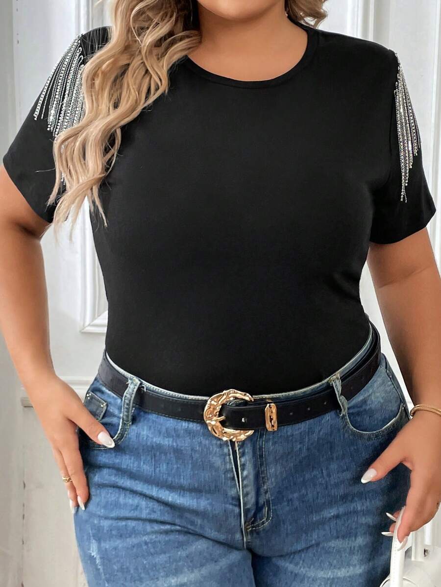 SHEIN Essnce Plus Fringe Trim Solid Tee - Black - View 1