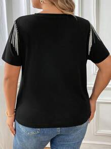 SHEIN Essnce Plus Fringe Trim Solid Tee - Black - View 2