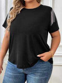 SHEIN Essnce Plus Fringe Trim Solid Tee - Black - View 4