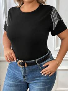 SHEIN Essnce Plus Fringe Trim Solid Tee - Black - View 6