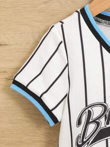 SHEIN Đứa bé trai Đồ họa sọc & chữ Sọc Áo phông ràng buộc màu tương phản - Nhiều màu - Xem 4