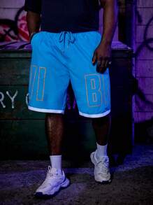 EASEVO 男士大码字母圖案拼接邊腰部抽繩短褲 - 藍色 - 查看 1