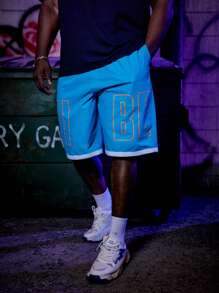 EASEVO 男士大码字母圖案拼接邊腰部抽繩短褲 - 藍色 - 查看 5