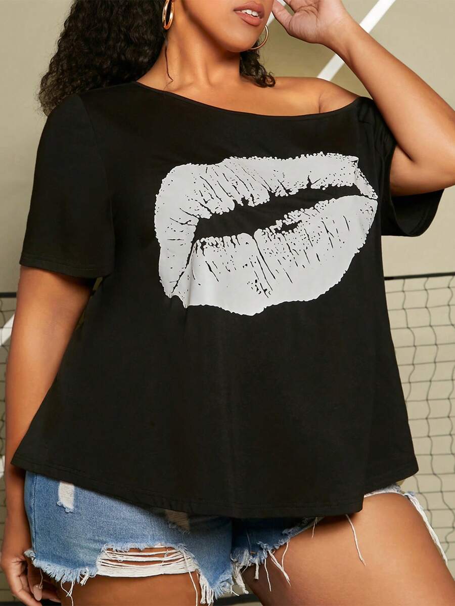SHEIN CURVE+ Áo thun Plus size Bất đối xứng Con số Giải trí - màu đen - Xem 1