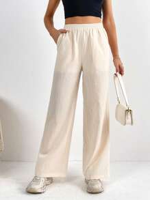 SHEIN Tall Quần nữ Túi màu trơn Giải trí - Màu be - Xem 3