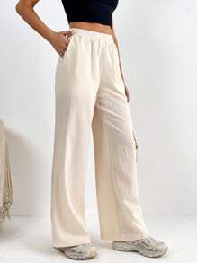 SHEIN Tall Quần nữ Túi màu trơn Giải trí - Màu be - Xem 4