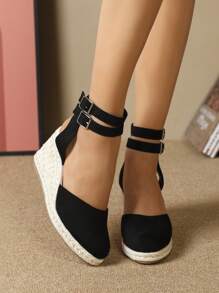 度假黑色鞋適用於女士搭扣裝飾編織仿麂皮楔形淺口鞋 - 黑色 - 查看 5