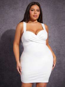 SHEIN SXY 大碼素色前交叉吊帶緊身連衣裙 - 白色 - 查看 5