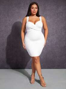 SHEIN SXY 大碼素色前交叉吊帶緊身連衣裙 - 白色 - 查看 4