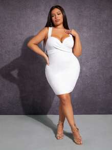 SHEIN SXY 大碼素色前交叉吊帶緊身連衣裙 - 白色 - 查看 6