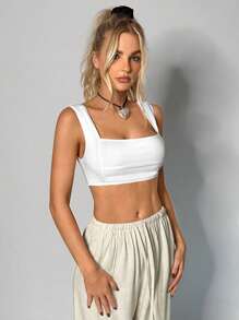 SHEIN EZwear Solid Crop Wide Strap Top - White - View 3