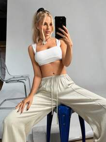 SHEIN EZwear Solid Crop Wide Strap Top - White - View 6