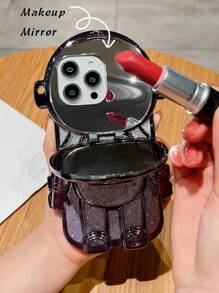 Apple Astronaut Design Glitter Silicone Phone Case With Holder & Mirror - Purple - View 3