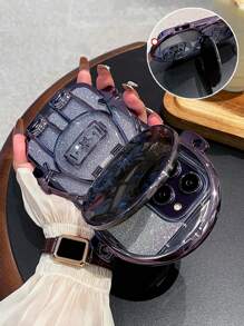 Apple Astronaut Design Glitter Silicone Phone Case With Holder & Mirror - Purple - View 4