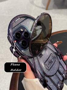 Apple Astronaut Design Glitter Silicone Phone Case With Holder & Mirror - Purple - View 6