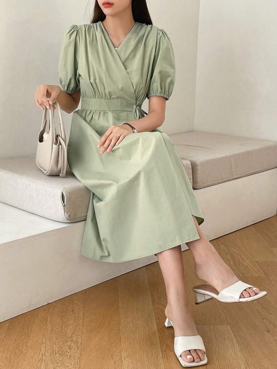 DAZY Solid Puff Sleeve Dress - Green - View 1