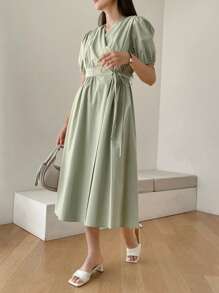 DAZY Solid Puff Sleeve Dress - Green - View 3