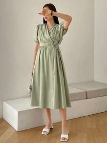 DAZY Solid Puff Sleeve Dress - Green - View 4