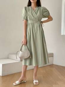 DAZY Solid Puff Sleeve Dress - Green - View 5