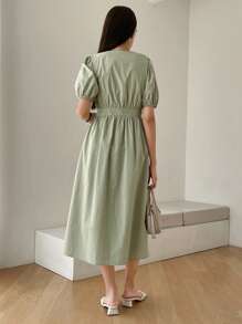 DAZY Solid Puff Sleeve Dress - Green - View 6