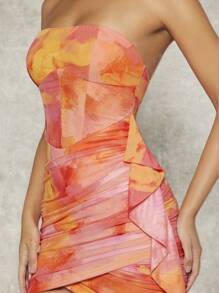 L'Amorae Tie Dye Draped Ruffle Tube Ruched Mini Dress